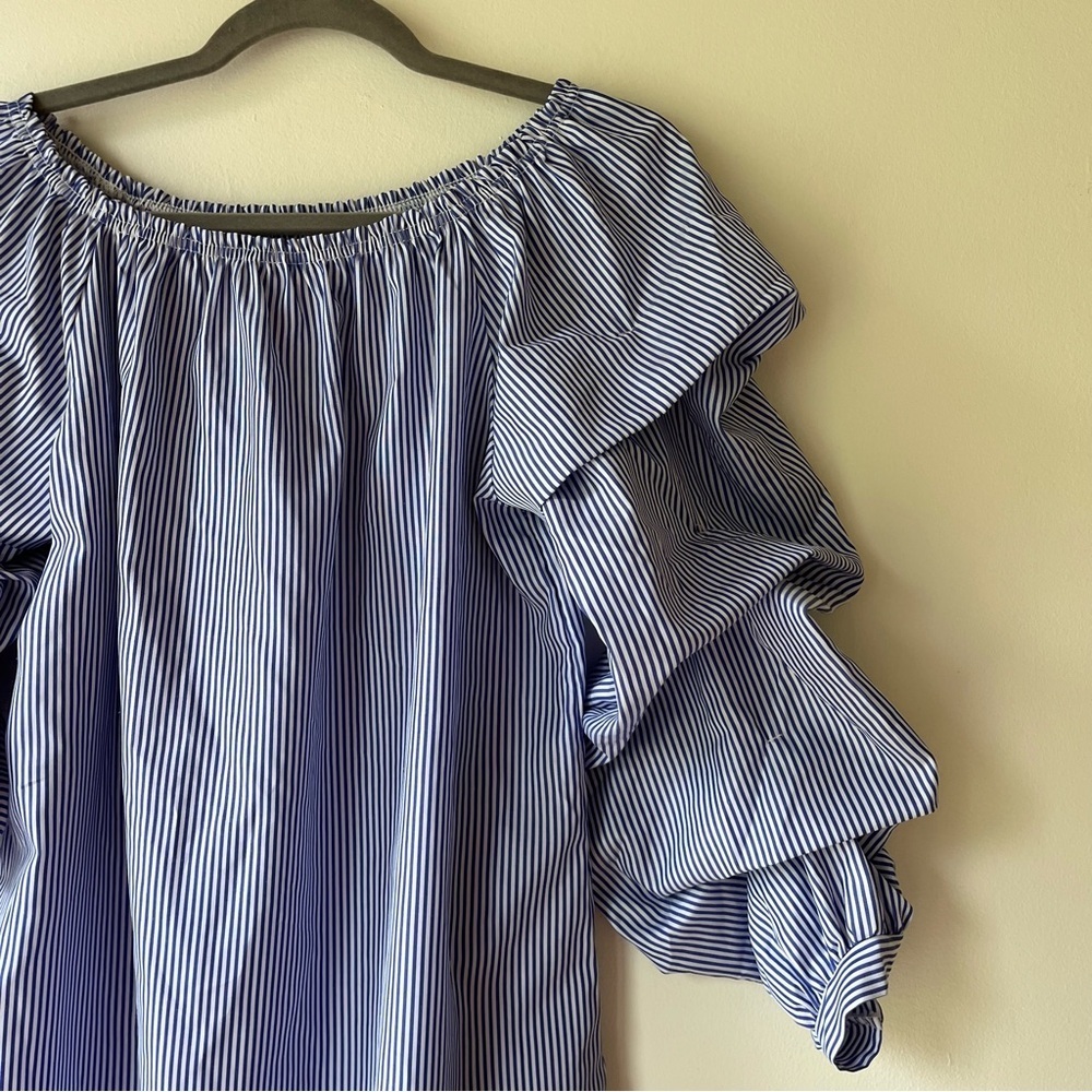 Ruffle Sleeve Off Shoulder mini dress Blue White Stripe Cotton Blend M - Picture 2 of 10
